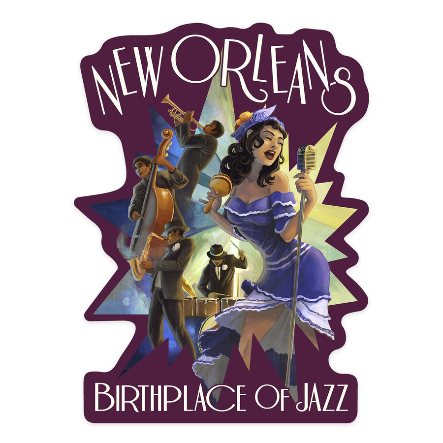 New Orleans, Louisiana, Jazz Scene, Contour, Vinyl Sticker Sticker Lantern Press 