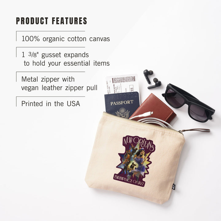 New Orleans, Louisiana, Jazz Scene,, Organic Cotton Zipper Pouch, Go Bag Go Bag Lantern Press 