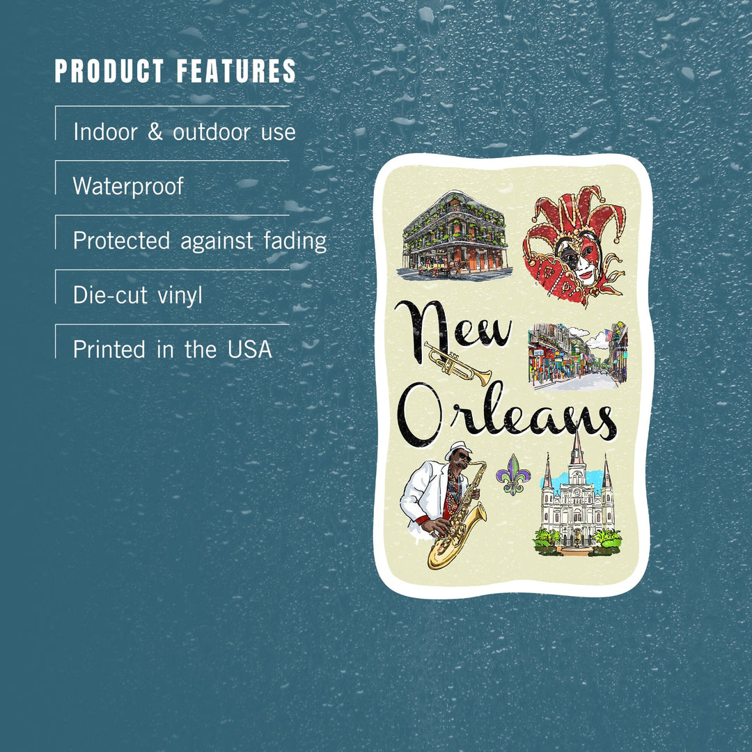 New Orleans, Louisiana, Landmarks and Icons, Contour, Vinyl Sticker Sticker Lantern Press 