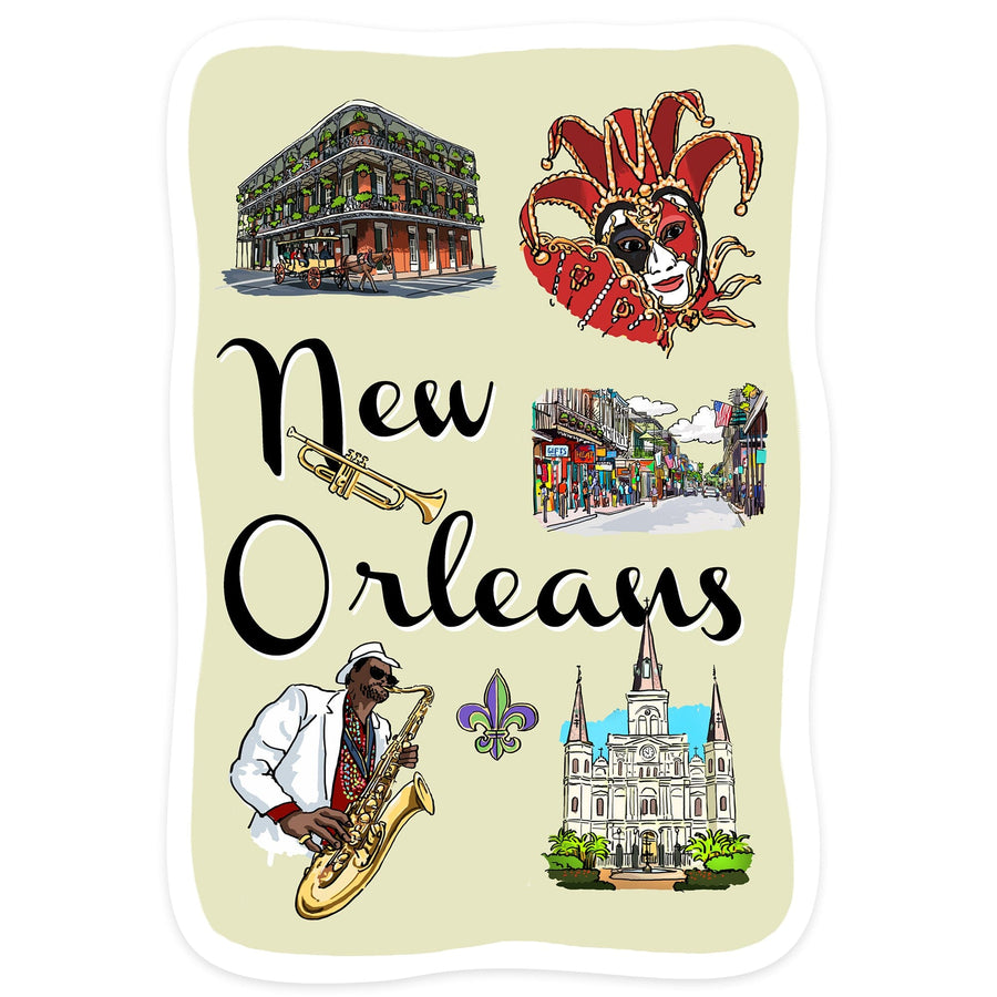 New Orleans, Louisiana, Landmarks and Icons, Contour, Vinyl Sticker Sticker Lantern Press 