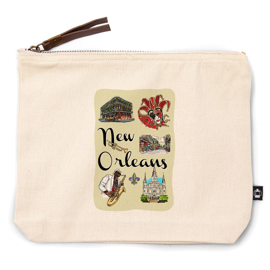 New Orleans, Louisiana, Landmarks and Icons,, Organic Cotton Zipper Pouch, Go Bag Go Bag Lantern Press 