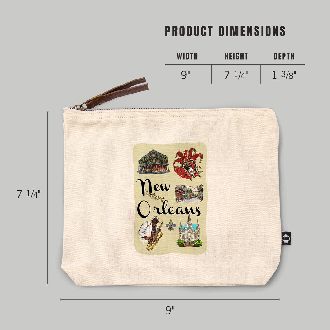 New Orleans, Louisiana, Landmarks and Icons,, Organic Cotton Zipper Pouch, Go Bag Go Bag Lantern Press 