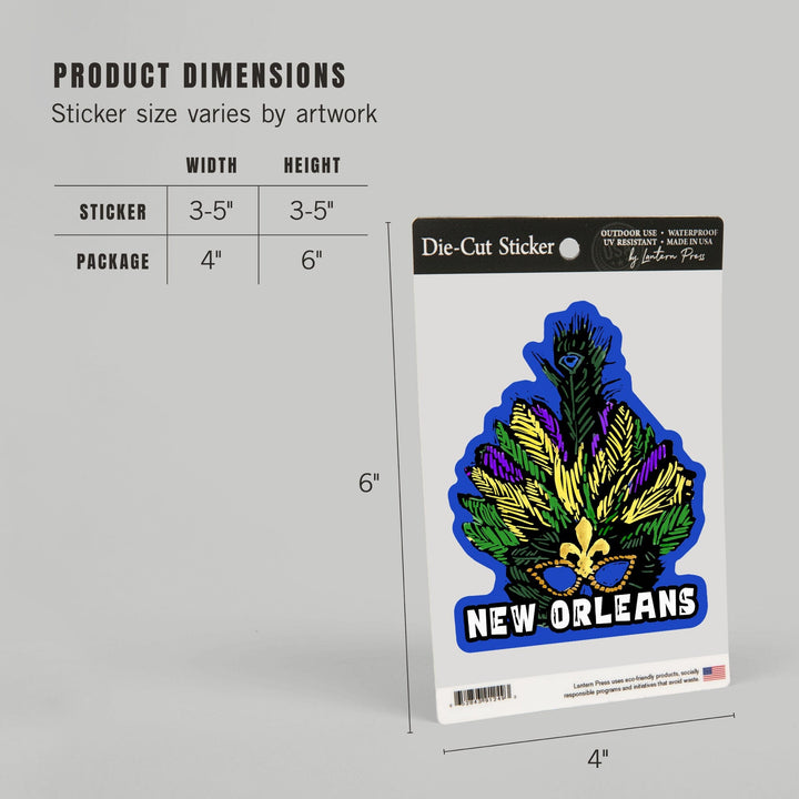 New Orleans, Louisiana, Marti Gras, Scratchboard, Contour, Vinyl Sticker Sticker Lantern Press 
