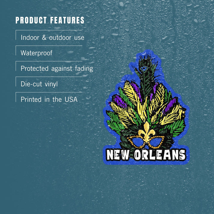 New Orleans, Louisiana, Marti Gras, Scratchboard, Contour, Vinyl Sticker Sticker Lantern Press 