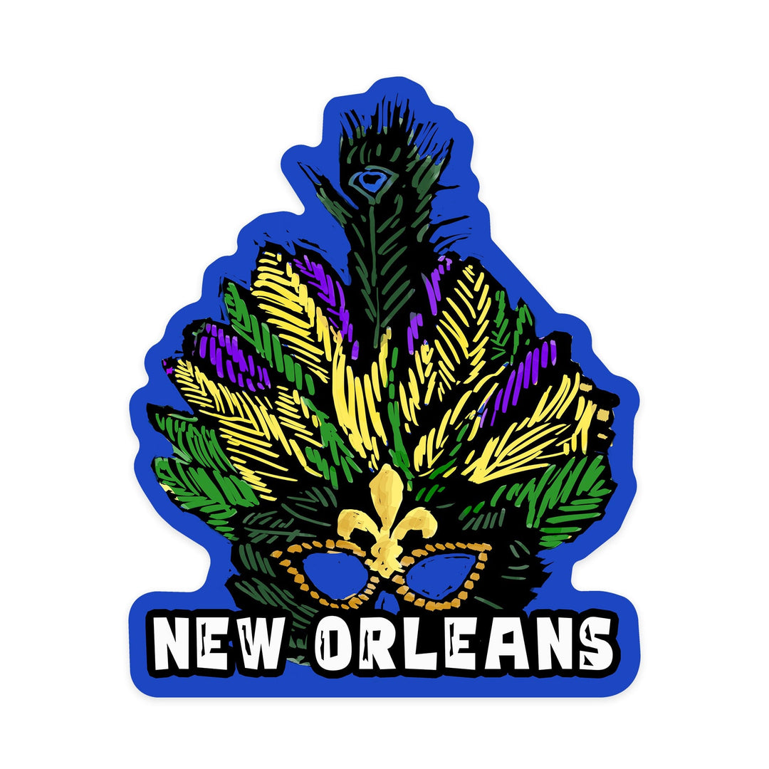 New Orleans, Louisiana, Marti Gras, Scratchboard, Contour, Vinyl Sticker Sticker Lantern Press 