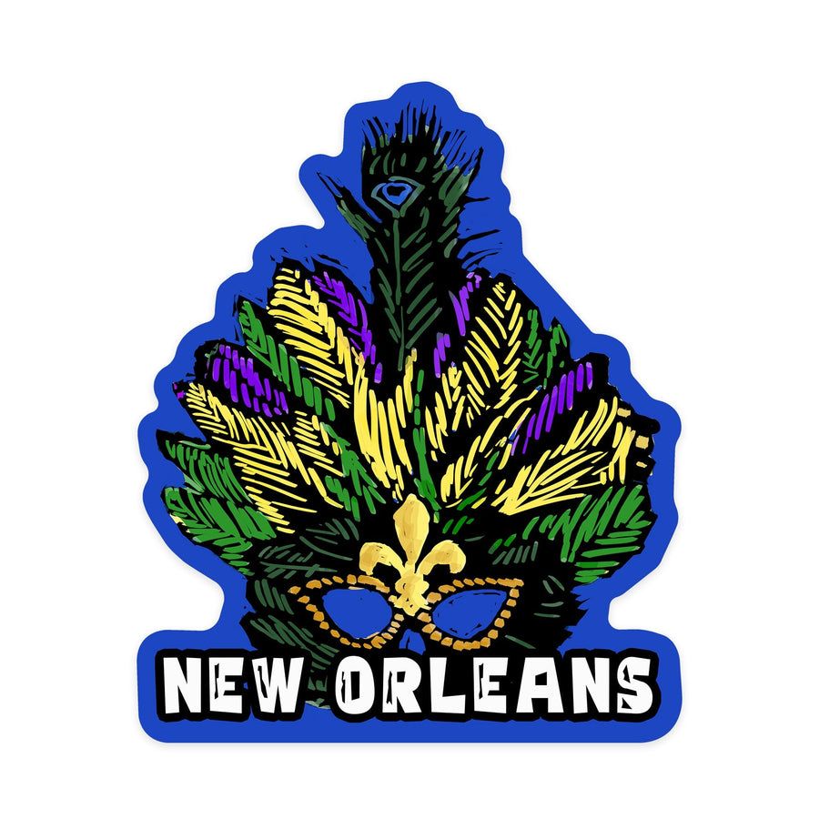 New Orleans, Louisiana, Marti Gras, Scratchboard, Contour, Vinyl Sticker Sticker Lantern Press 
