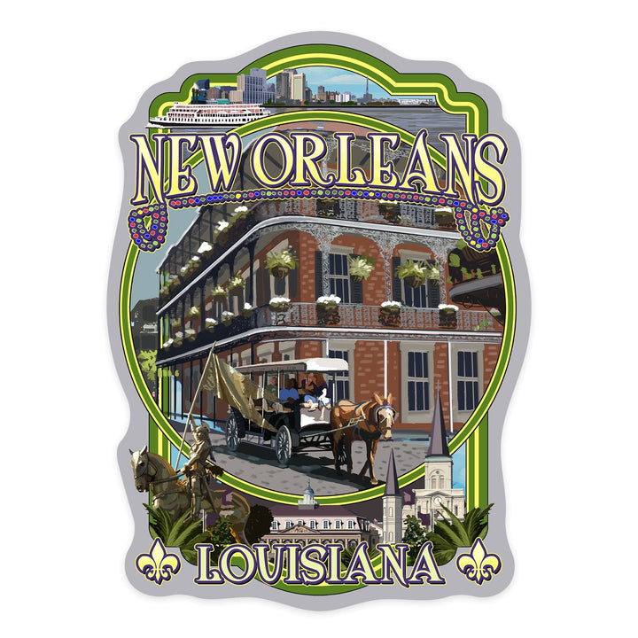 New Orleans. Louisiana, Montage, Contour, Lantern Press Artwork, Vinyl Sticker Sticker Lantern Press 