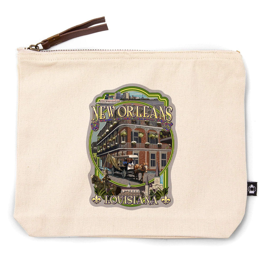 New Orleans. Louisiana, Montage,, Organic Cotton Zipper Pouch, Go Bag Go Bag Lantern Press 