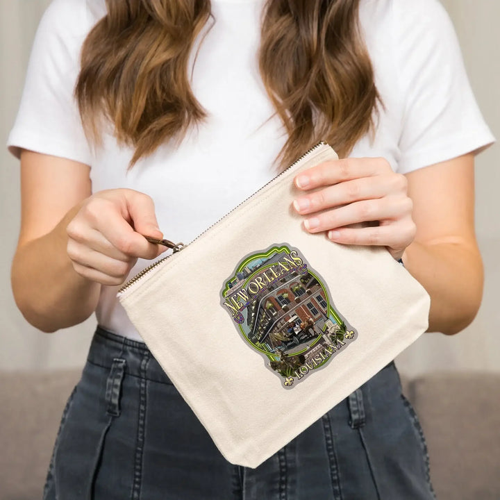 New Orleans. Louisiana, Montage,, Organic Cotton Zipper Pouch, Go Bag Go Bag Lantern Press 