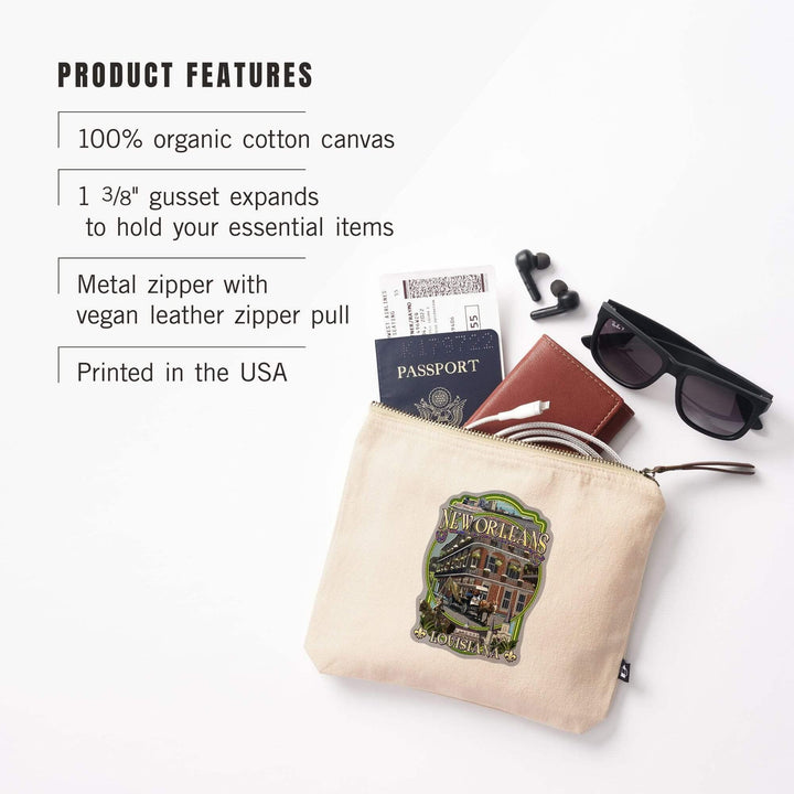 New Orleans. Louisiana, Montage,, Organic Cotton Zipper Pouch, Go Bag Go Bag Lantern Press 