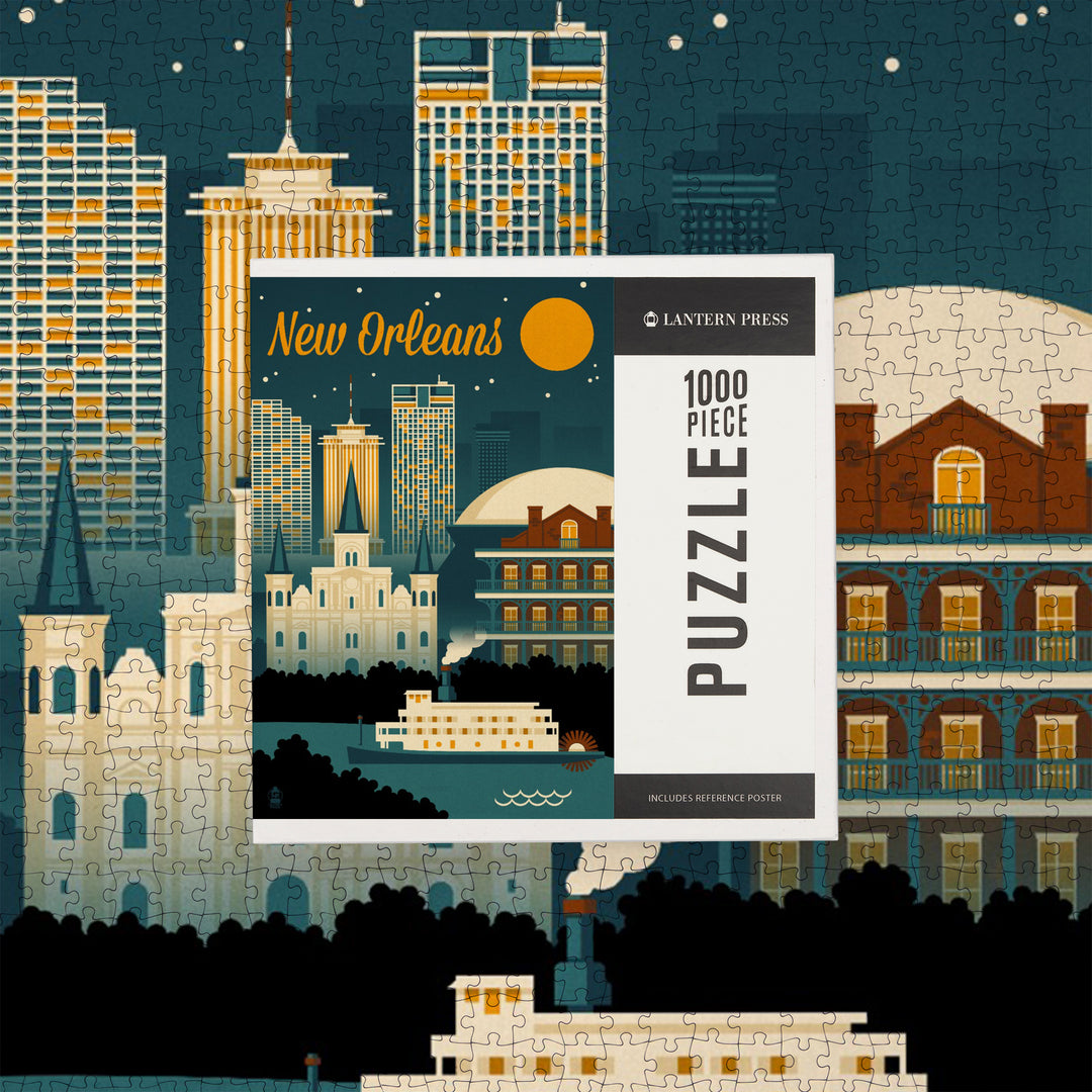 New Orleans, Louisiana, Retro Skyline, Jigsaw Puzzle Puzzle Lantern Press 