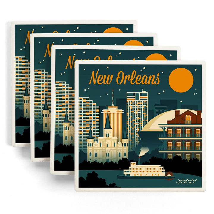 New Orleans, Louisiana, Retro Skyline, Lantern Press Artwork, Coaster Set Coasters Lantern Press 