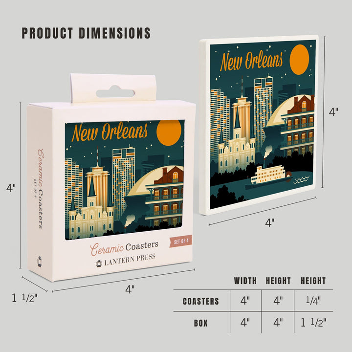 New Orleans, Louisiana, Retro Skyline, Lantern Press Artwork, Coaster Set Coasters Lantern Press 