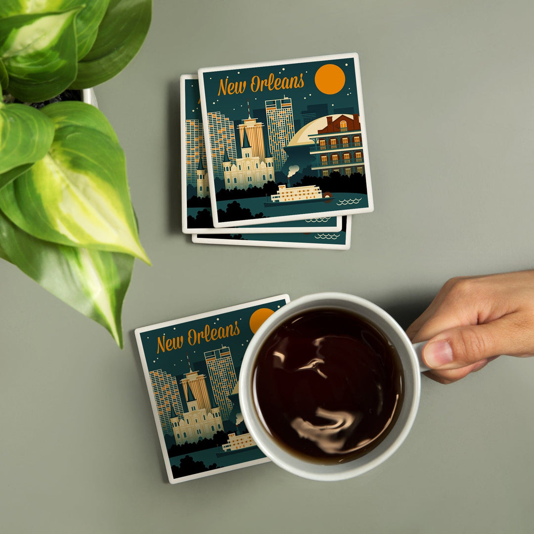 New Orleans, Louisiana, Retro Skyline, Lantern Press Artwork, Coaster Set Coasters Lantern Press 