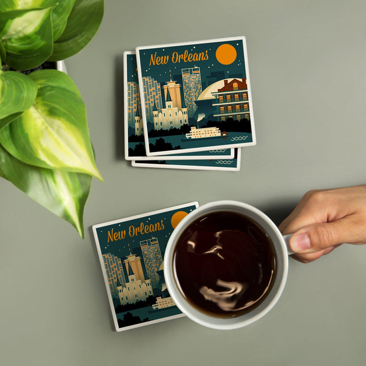 New Orleans, Louisiana, Retro Skyline, Lantern Press Artwork, Coaster Set Coasters Lantern Press 