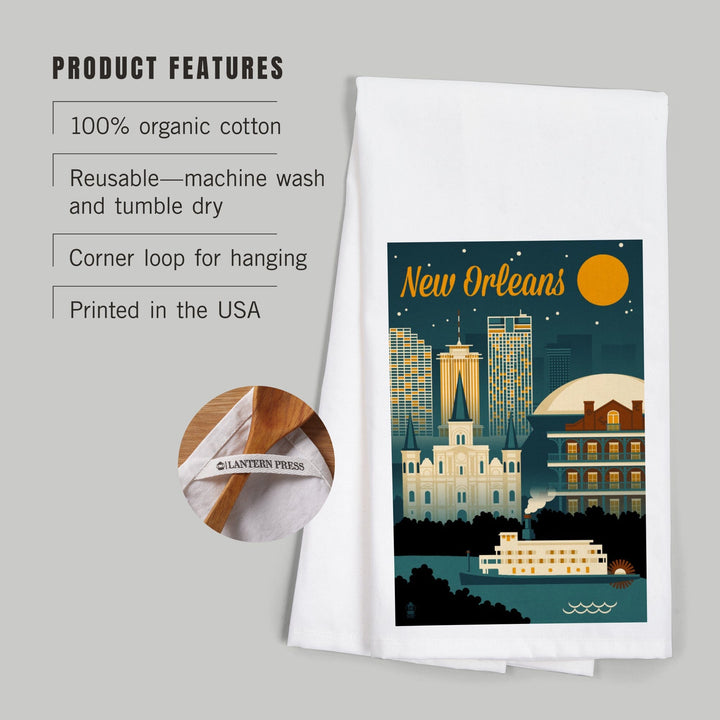 New Orleans, Louisiana, Retro Skyline, Organic Cotton Kitchen Tea Towels Kitchen Lantern Press 