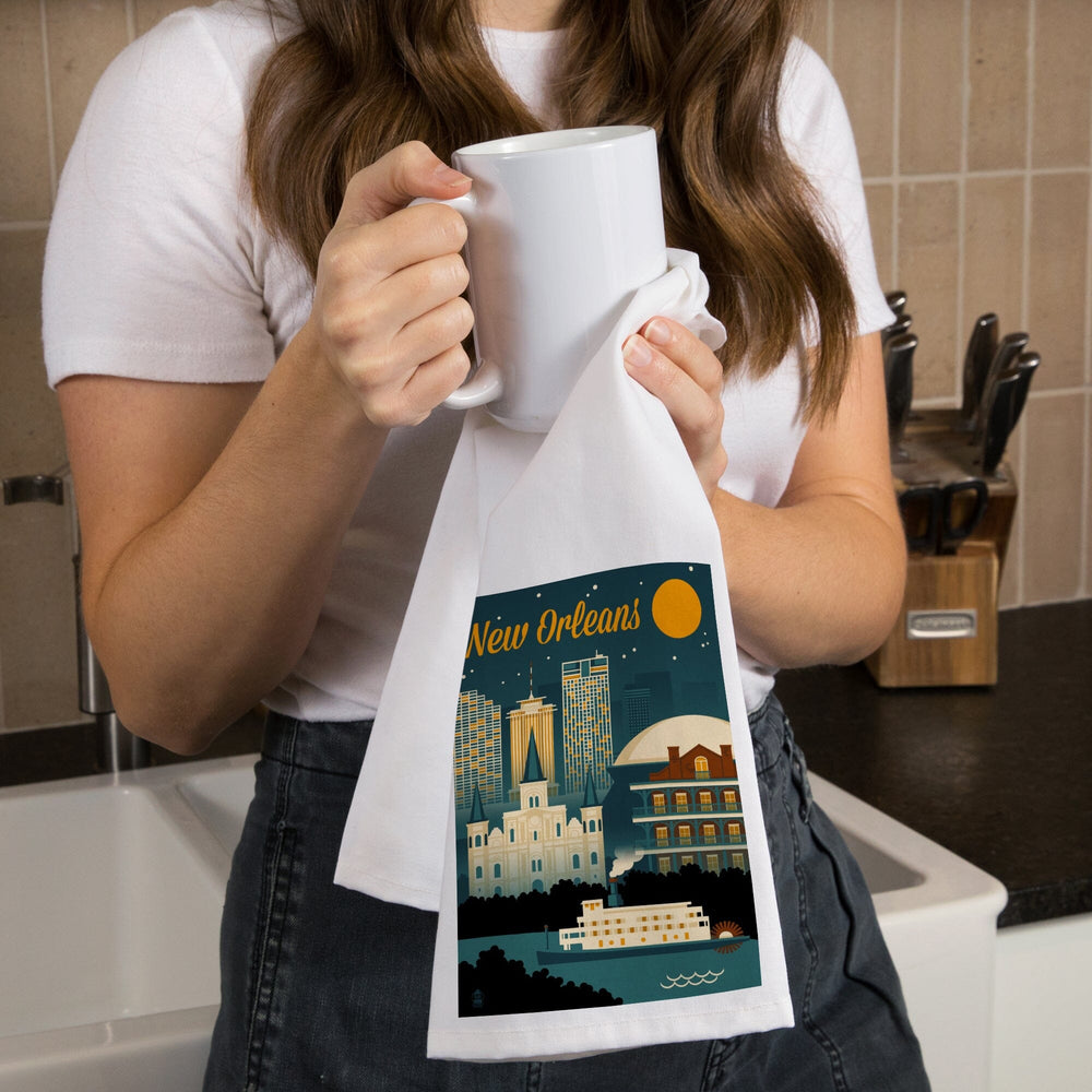 New Orleans, Louisiana, Retro Skyline, Organic Cotton Kitchen Tea Towels Kitchen Lantern Press 