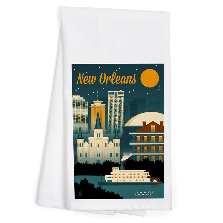New Orleans, Louisiana, Retro Skyline, Organic Cotton Kitchen Tea Towels Kitchen Lantern Press 
