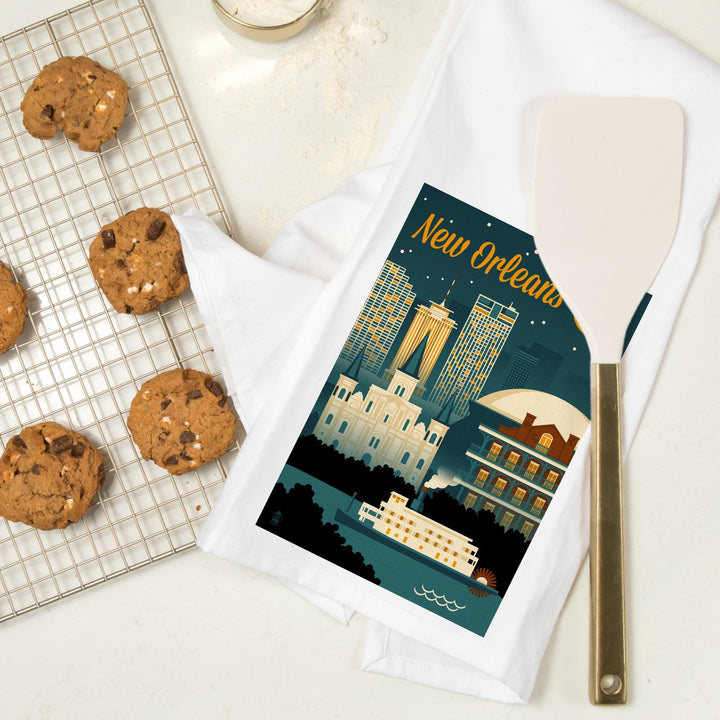 New Orleans, Louisiana, Retro Skyline, Organic Cotton Kitchen Tea Towels Kitchen Lantern Press 