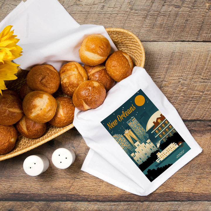 New Orleans, Louisiana, Retro Skyline, Organic Cotton Kitchen Tea Towels Kitchen Lantern Press 