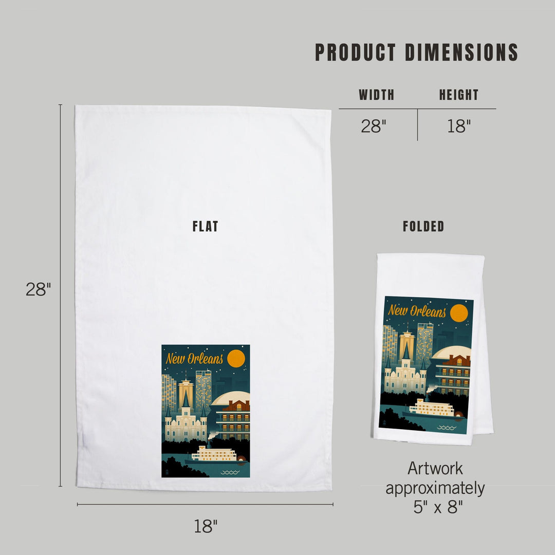 New Orleans, Louisiana, Retro Skyline, Organic Cotton Kitchen Tea Towels Kitchen Lantern Press 