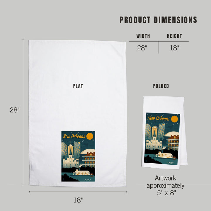 New Orleans, Louisiana, Retro Skyline, Organic Cotton Kitchen Tea Towels Kitchen Lantern Press 