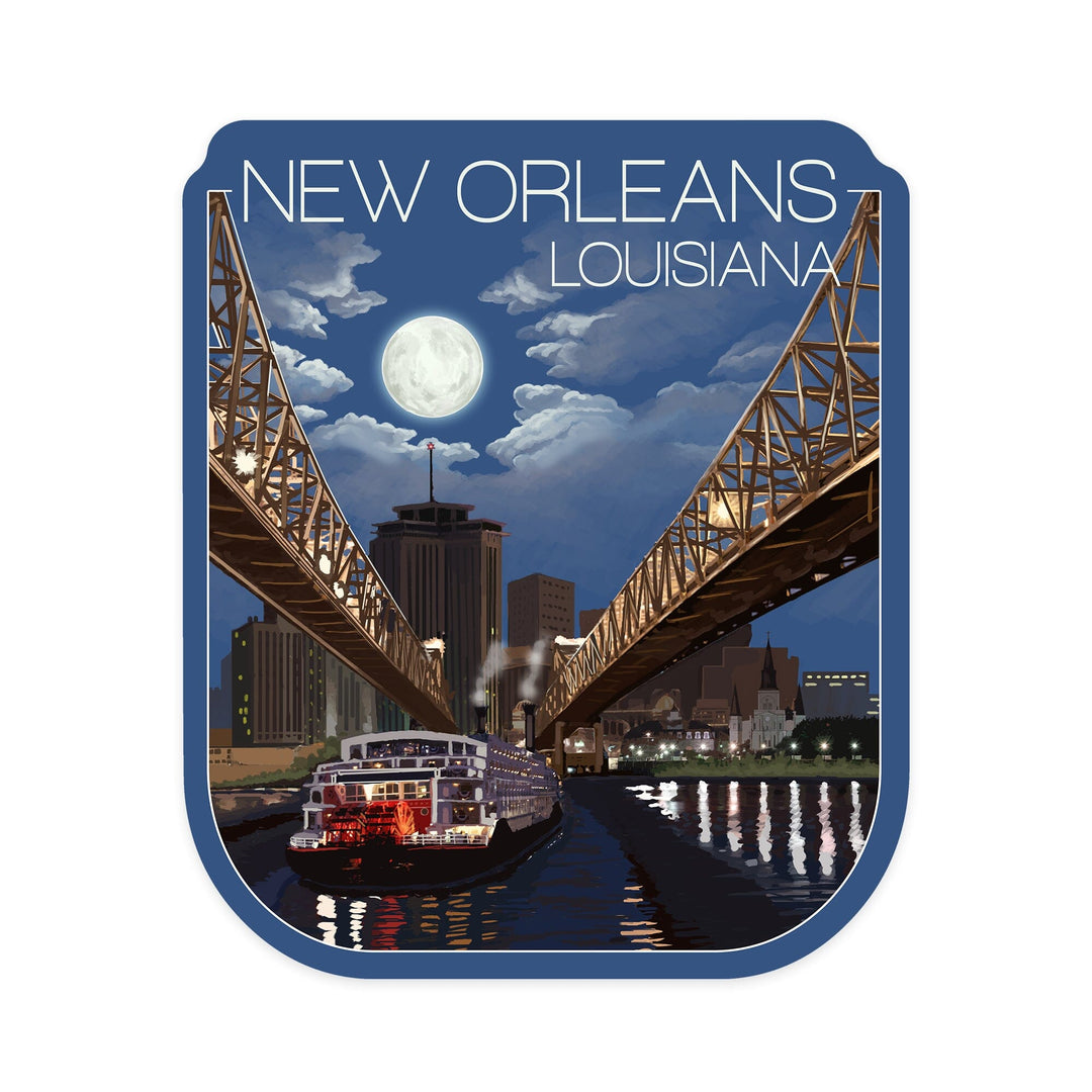 New Orleans, Louisiana, Skyline at Night, Contour, Vinyl Sticker Sticker Lantern Press 