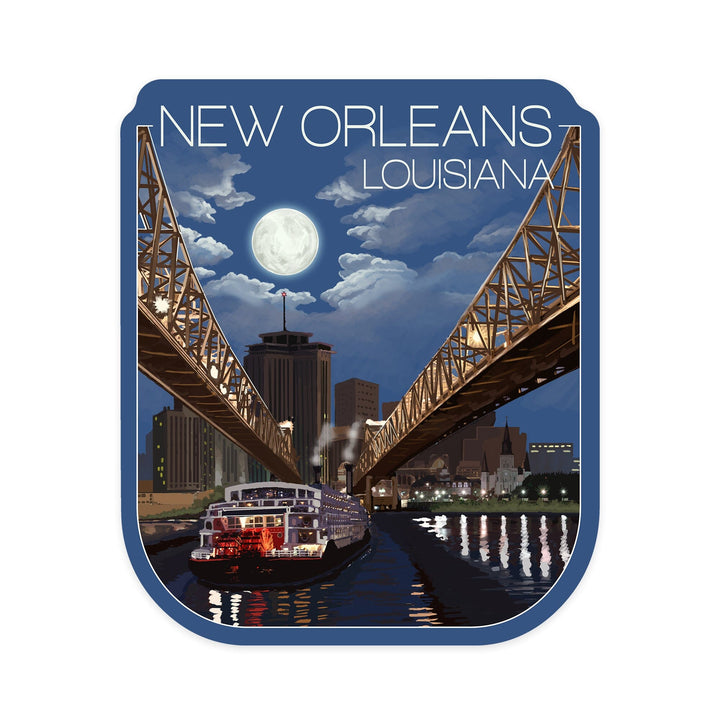 New Orleans, Louisiana, Skyline at Night, Contour, Vinyl Sticker Sticker Lantern Press 