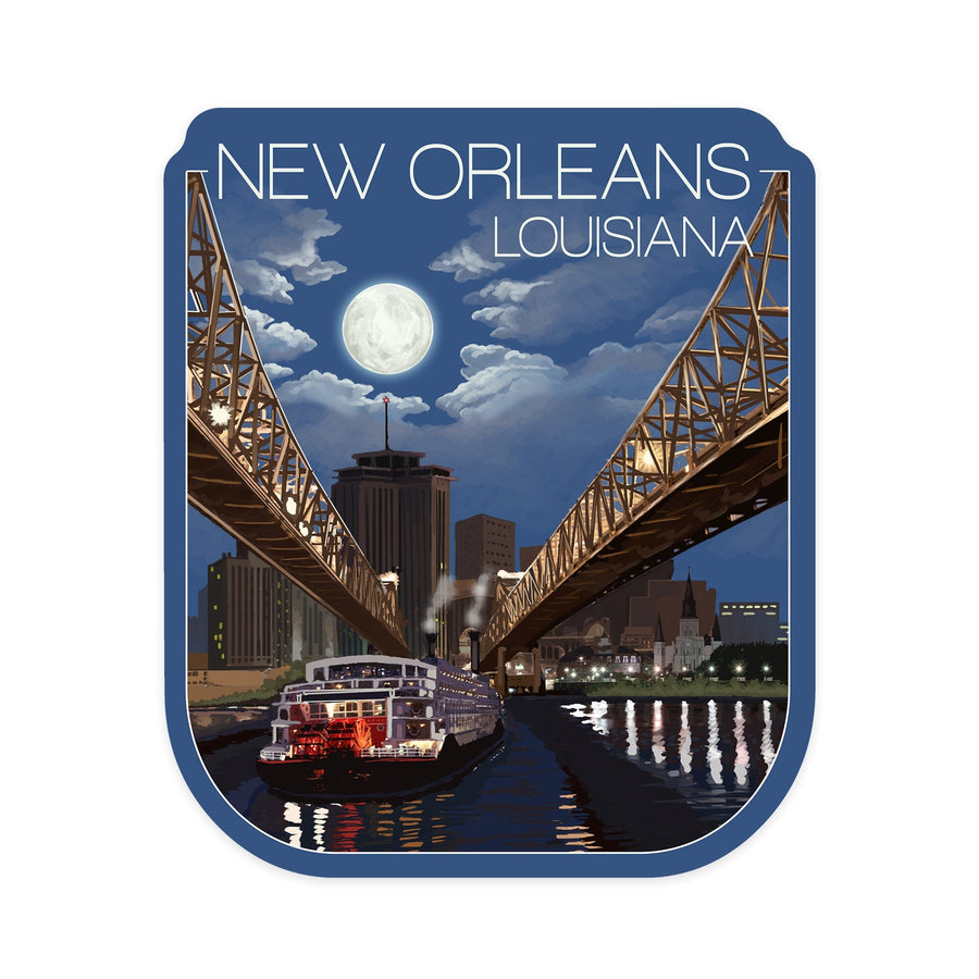 New Orleans, Louisiana, Skyline at Night, Contour, Vinyl Sticker Sticker Lantern Press 