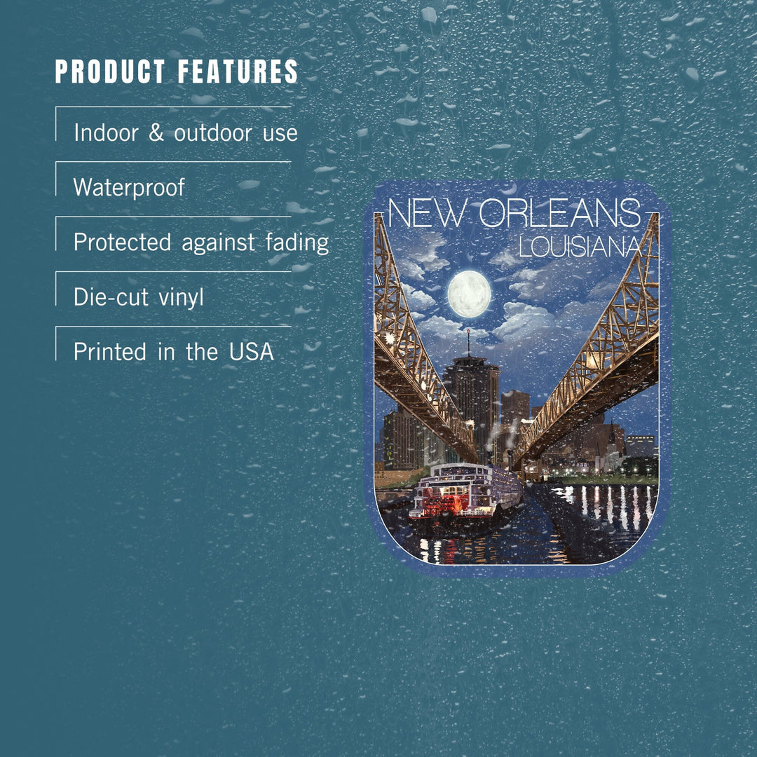 New Orleans, Louisiana, Skyline at Night, Contour, Vinyl Sticker Sticker Lantern Press 