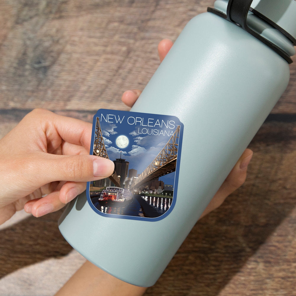 New Orleans, Louisiana, Skyline at Night, Contour, Vinyl Sticker Sticker Lantern Press 