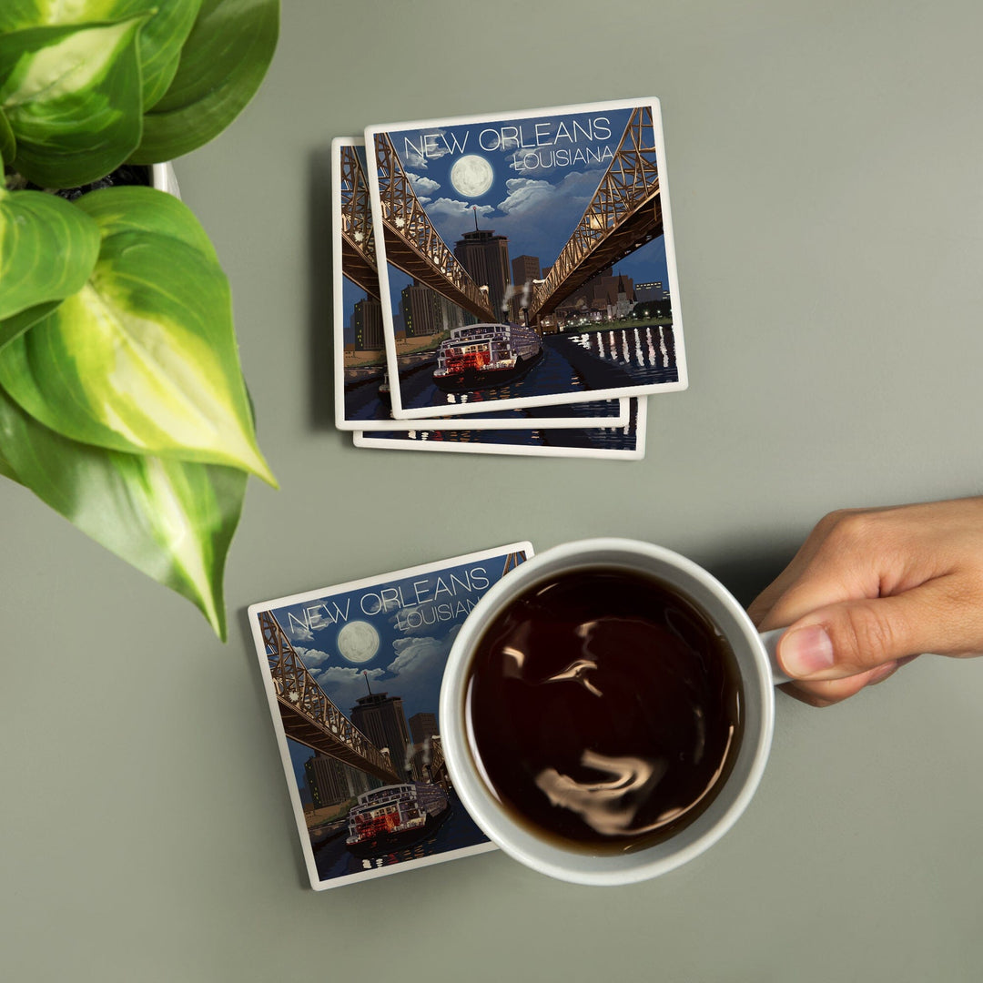 New Orleans, Louisiana, Skyline at Night, Lantern Press Artwork, Coaster Set Coasters Lantern Press 