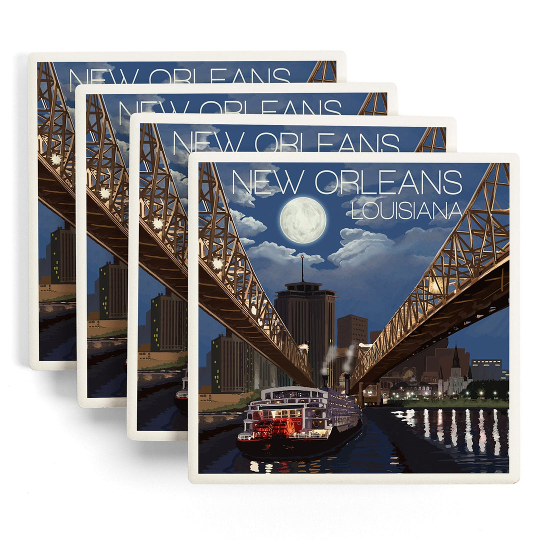 New Orleans, Louisiana, Skyline at Night, Lantern Press Artwork, Coaster Set Coasters Lantern Press 