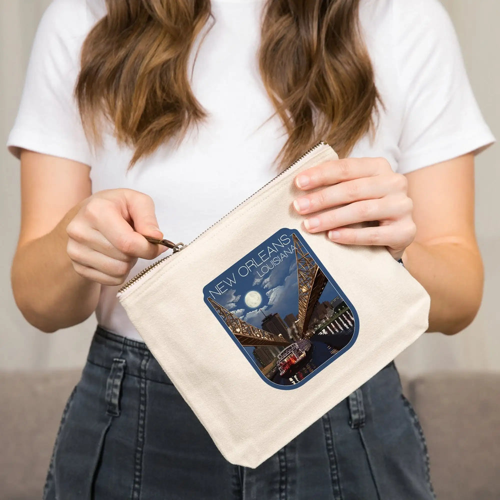 New Orleans, Louisiana, Skyline at Night,, Organic Cotton Zipper Pouch, Go Bag Go Bag Lantern Press 