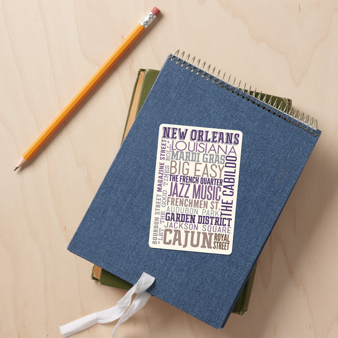 New Orleans, Louisiana, Typography, Contour, Vinyl Sticker Sticker Lantern Press 