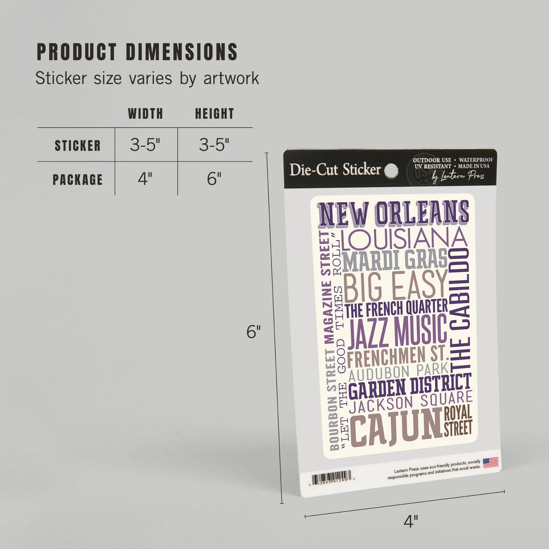 New Orleans, Louisiana, Typography, Contour, Vinyl Sticker Sticker Lantern Press 
