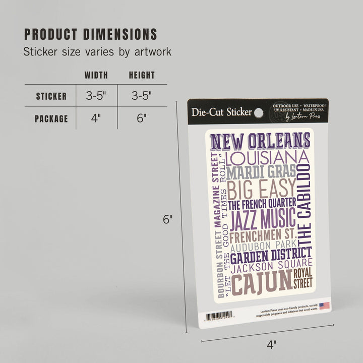 New Orleans, Louisiana, Typography, Contour, Vinyl Sticker Sticker Lantern Press 