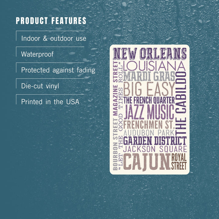 New Orleans, Louisiana, Typography, Contour, Vinyl Sticker Sticker Lantern Press 