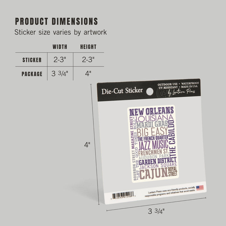 New Orleans, Louisiana, Typography, Contour, Vinyl Sticker Sticker Lantern Press 