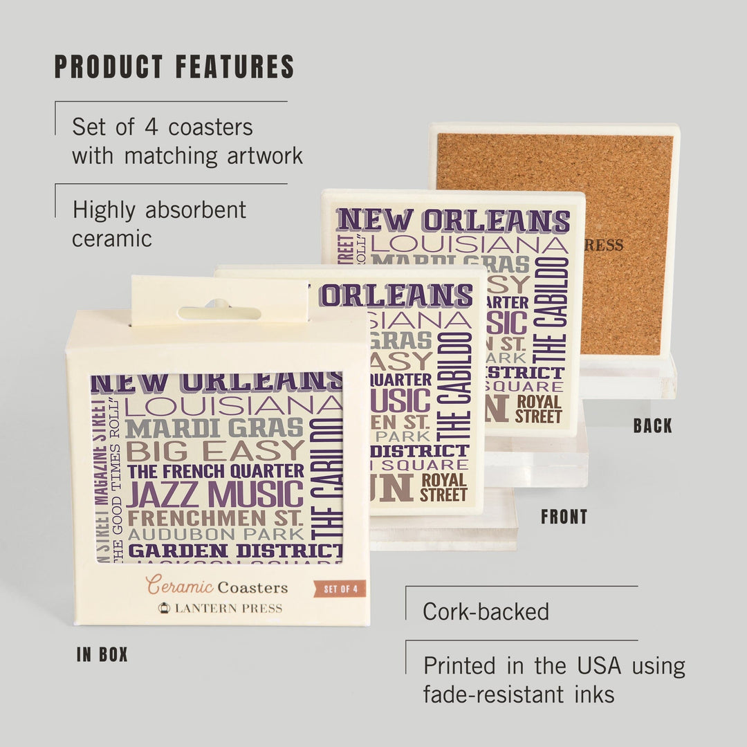 New Orleans, Louisiana, Typography, Lantern Press Artwork, Coaster Set Coasters Lantern Press 