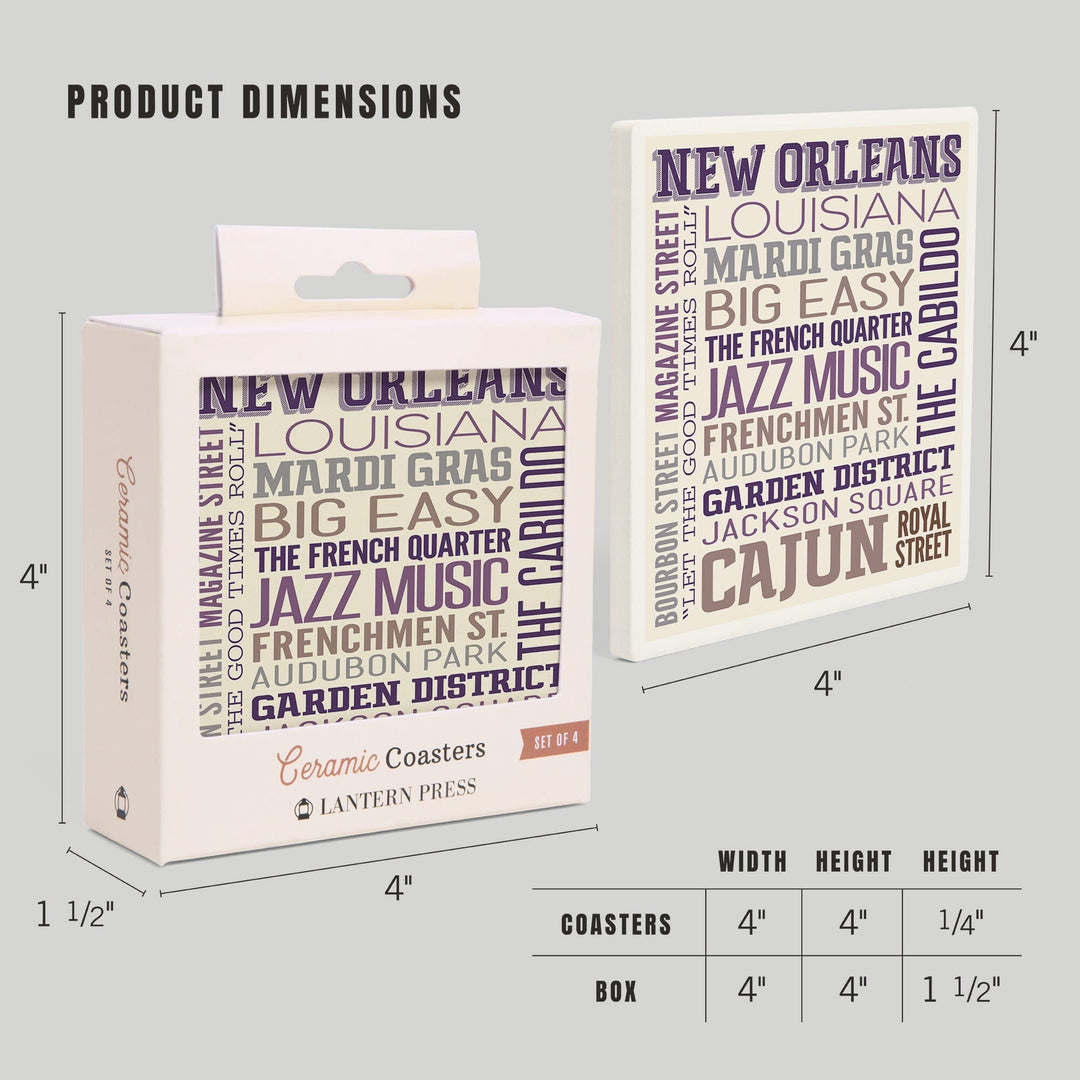 New Orleans, Louisiana, Typography, Lantern Press Artwork, Coaster Set Coasters Lantern Press 