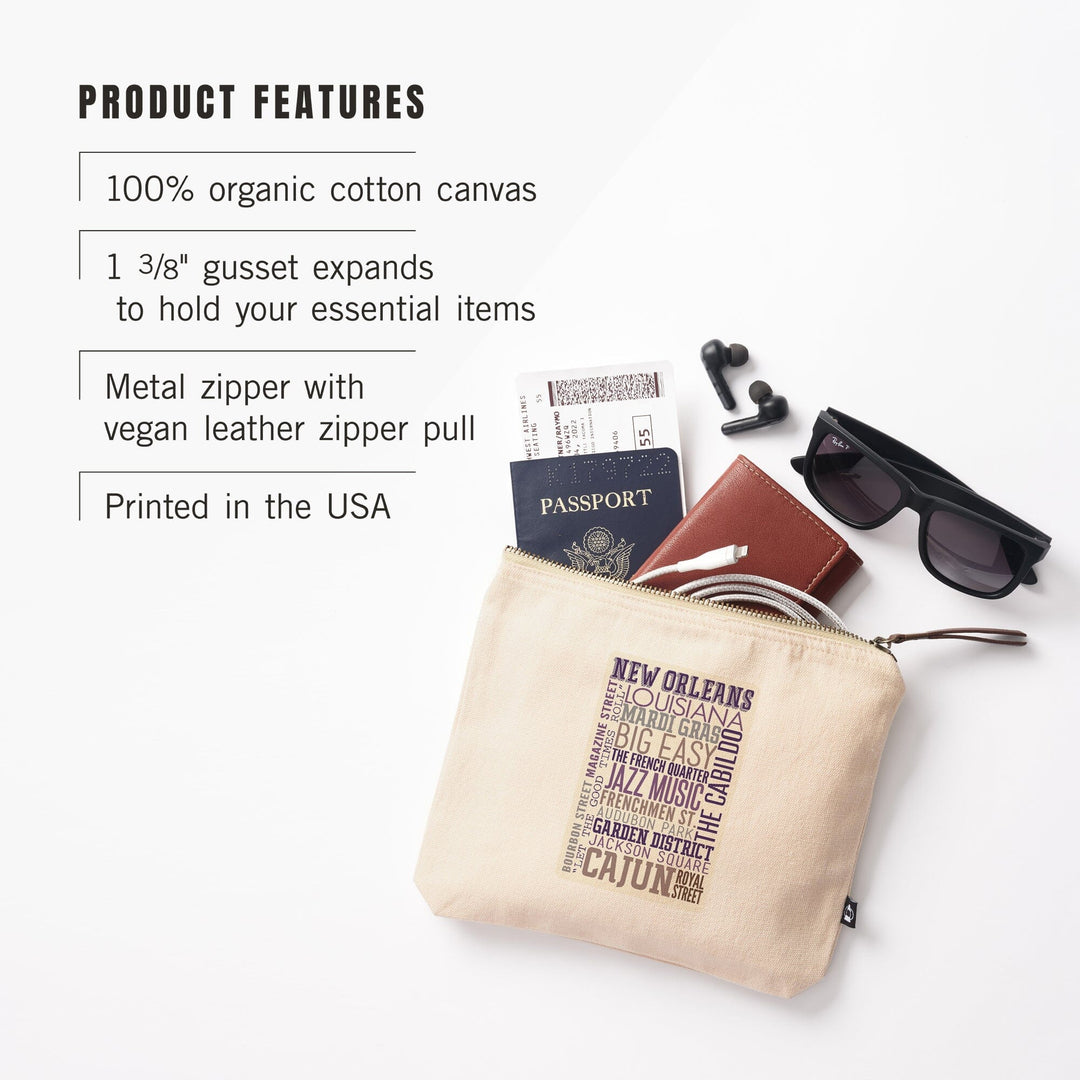 New Orleans, Louisiana, Typography-, Organic Cotton Zipper Pouch, Go Bag Go Bag Lantern Press 