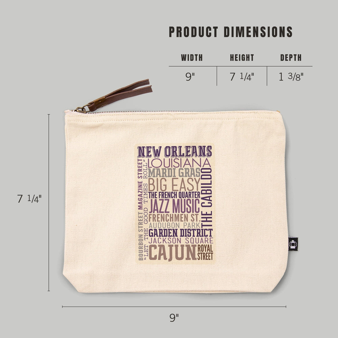 New Orleans, Louisiana, Typography-, Organic Cotton Zipper Pouch, Go Bag Go Bag Lantern Press 