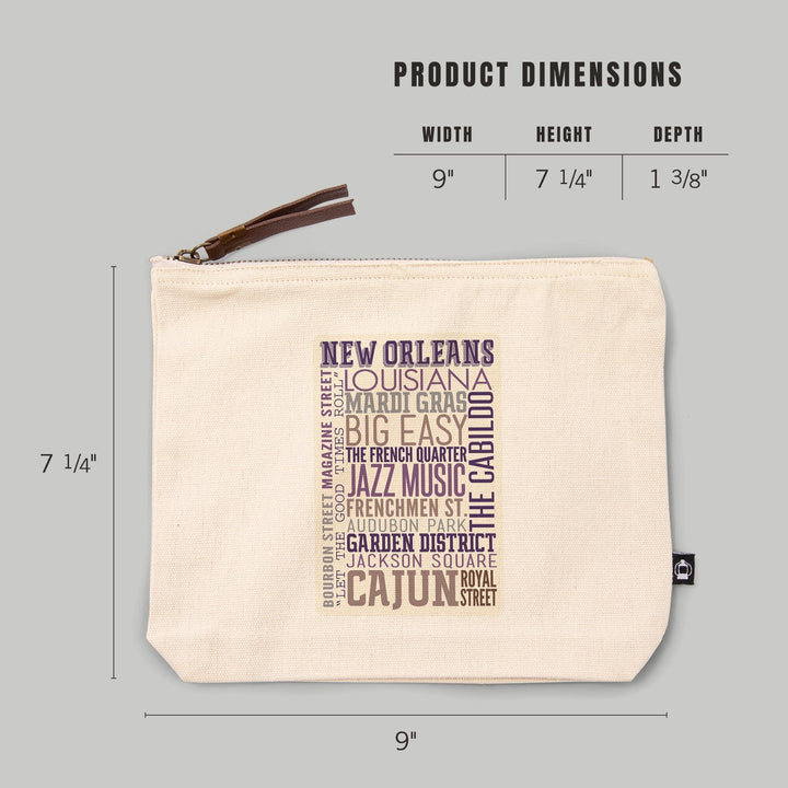 New Orleans, Louisiana, Typography-, Organic Cotton Zipper Pouch, Go Bag Go Bag Lantern Press 