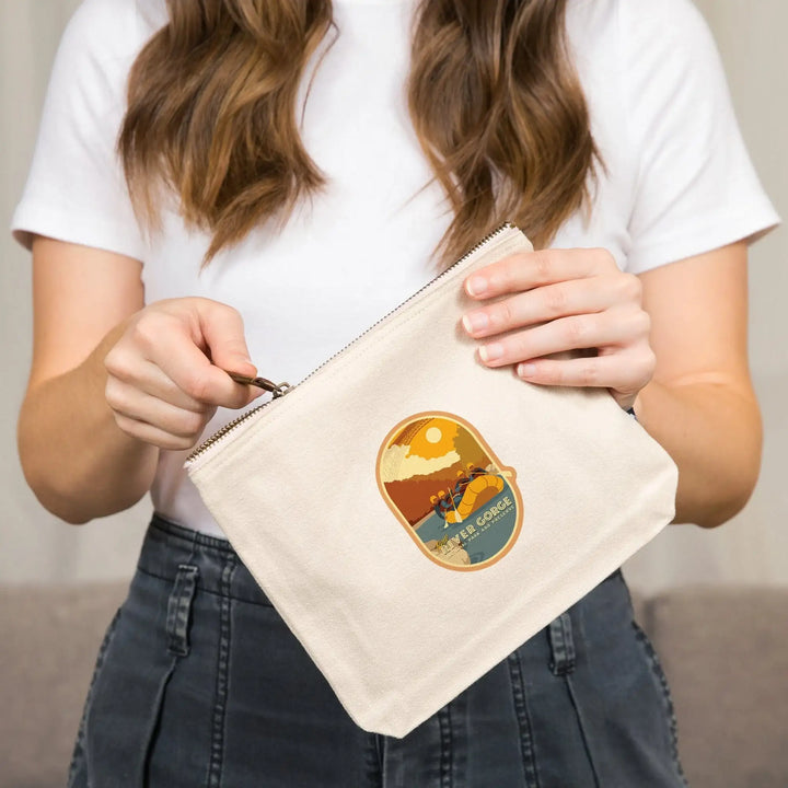 New River Gorge National Park and Preserve, West Virginia, Rafters and Bridge,, Organic Cotton Zipper Pouch, Go Bag Go Bag Lantern Press 