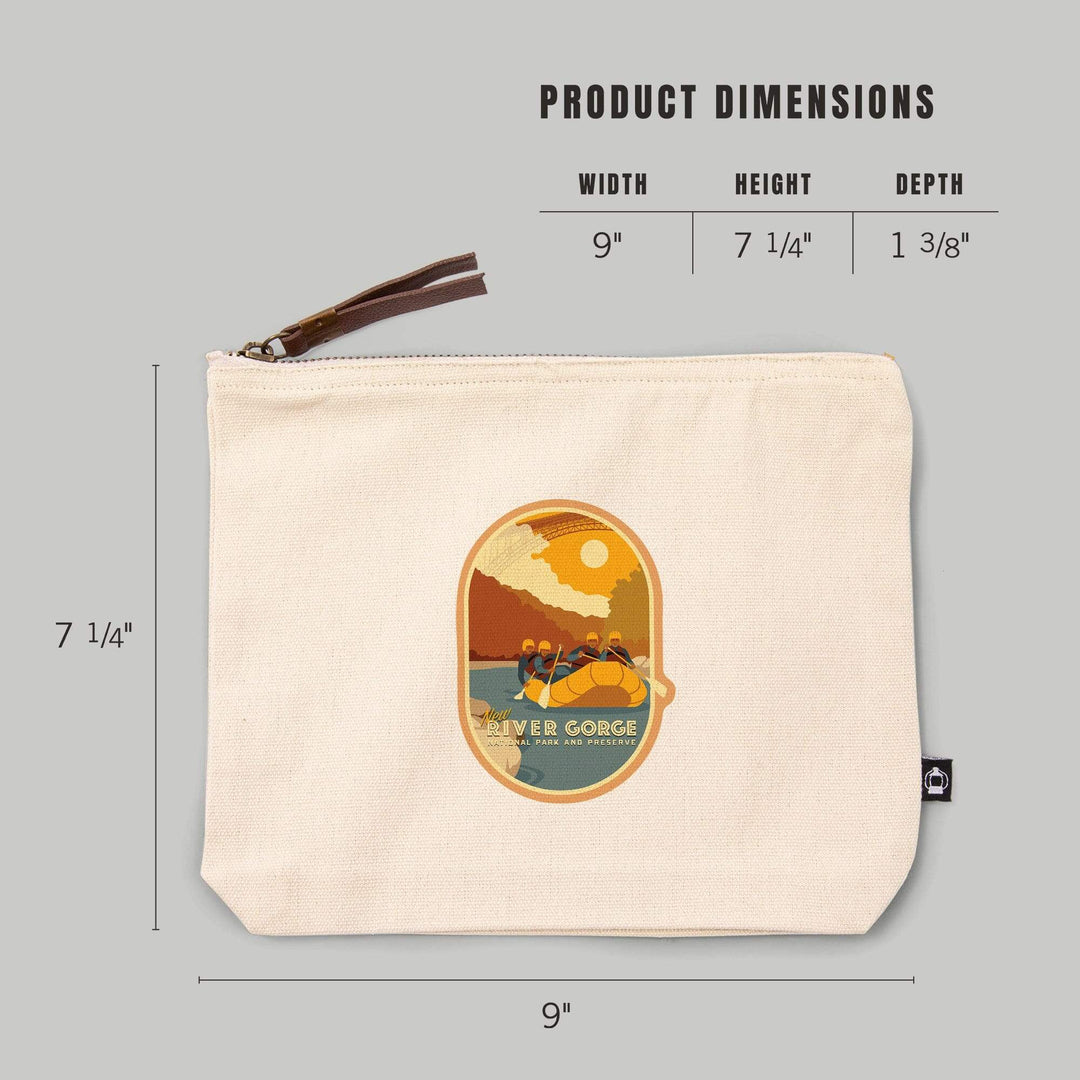 New River Gorge National Park and Preserve, West Virginia, Rafters and Bridge,, Organic Cotton Zipper Pouch, Go Bag Go Bag Lantern Press 