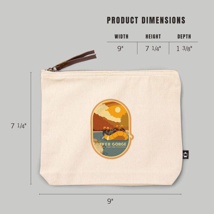 New River Gorge National Park and Preserve, West Virginia, Rafters and Bridge,, Organic Cotton Zipper Pouch, Go Bag Go Bag Lantern Press 