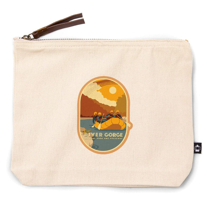 New River Gorge National Park and Preserve, West Virginia, Rafters and Bridge,, Organic Cotton Zipper Pouch, Go Bag Go Bag Lantern Press 