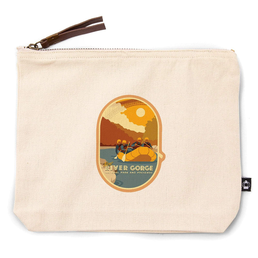 New River Gorge National Park and Preserve, West Virginia, Rafters and Bridge,, Organic Cotton Zipper Pouch, Go Bag Go Bag Lantern Press 