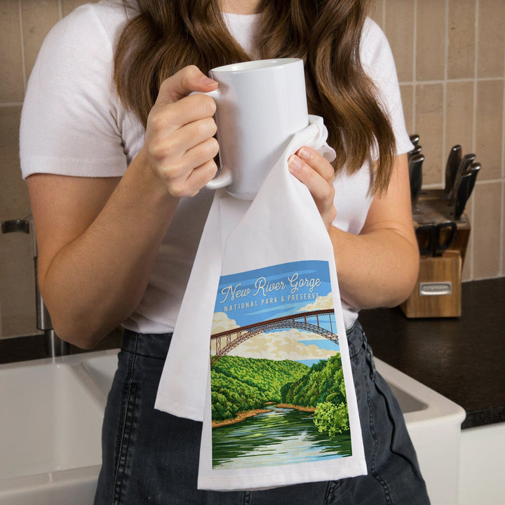 New River Gorge National Park, West Virginia, Painterly National Park Series, Organic Cotton Kitchen Tea Towels Kitchen Lantern Press 